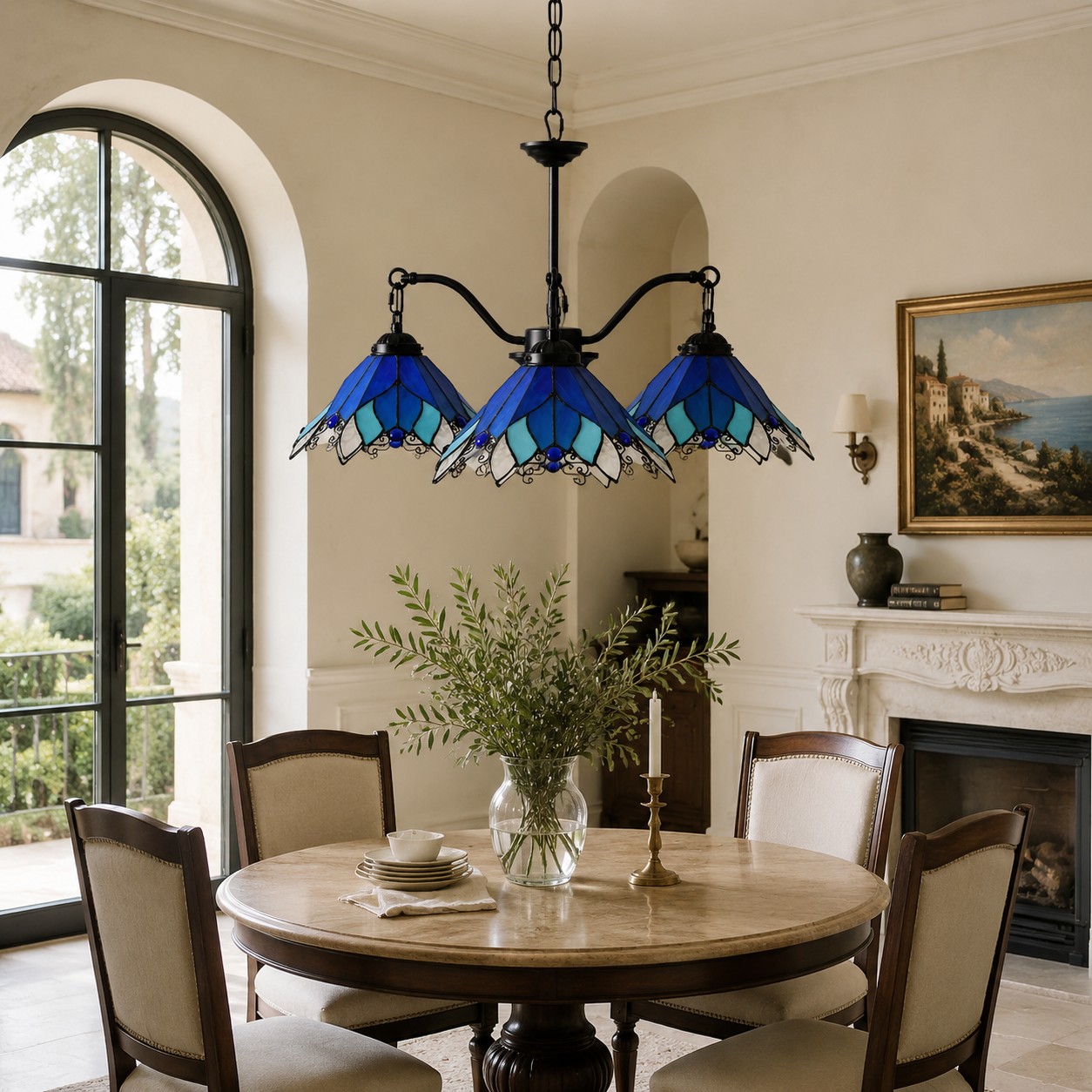 Four-Light Stained Glass Chandelier