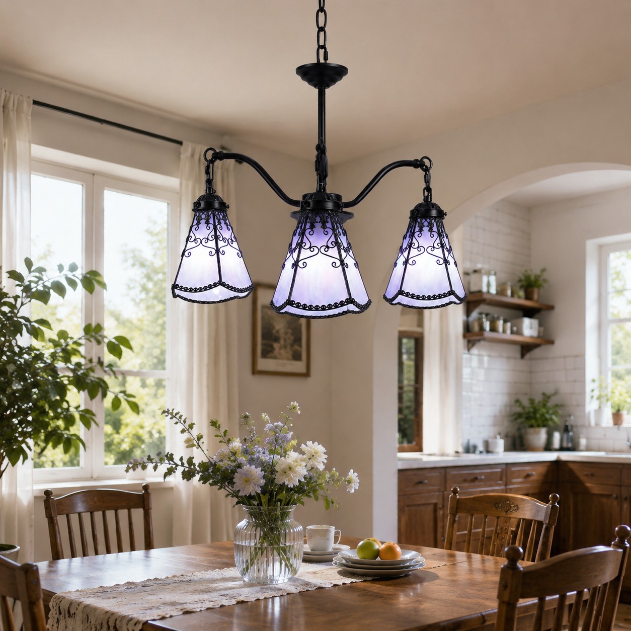 Blue purple chandelier over dining table