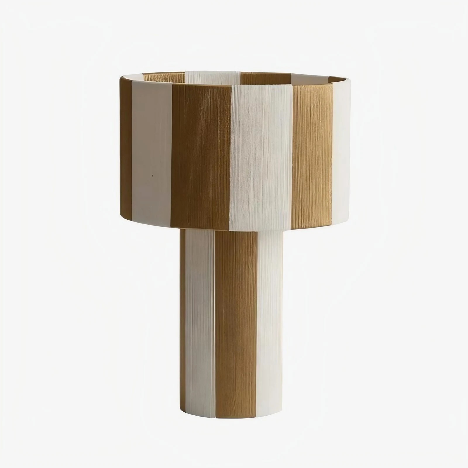 Apricot and white striped woven shade table lamp on a white background